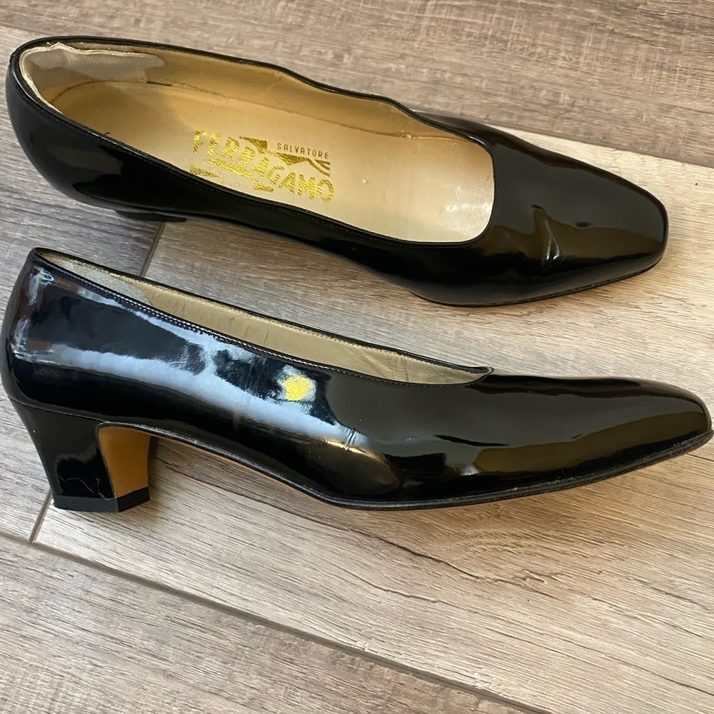 Salvatore Ferragamo Black Patent Square Toe Low Heels